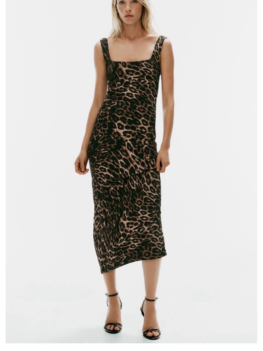 Zara Leopard-Print Square-Neck Midi Dress in Brown and Black